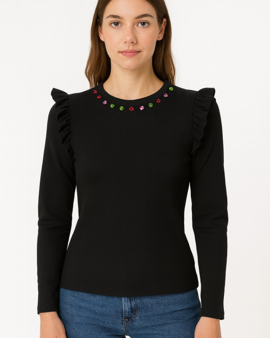 Γυναικεία μπλούζα με βολάν και πολύχρωμα στρας